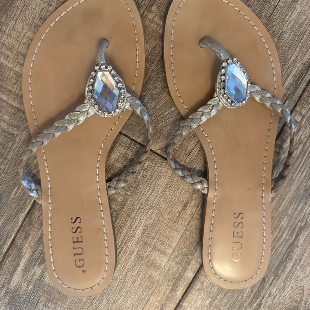GUESS Metallic Silver Braided Jewel Thong Sandals